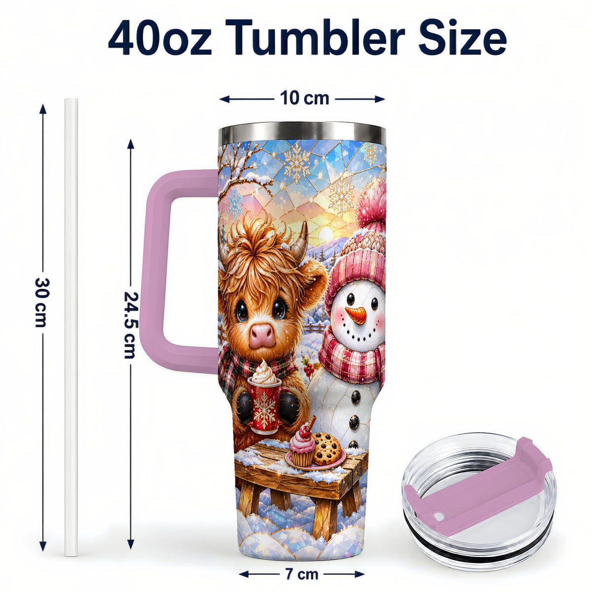 #pl[40oz|Pink] Cow Snowman 40oz Tumbler with Handle, Pink Winter Stainless Steel Cup