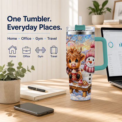 #pl[40oz|Green] Cow Snowman 40oz Tumbler with Handle, Pink Winter Stainless Steel Cup