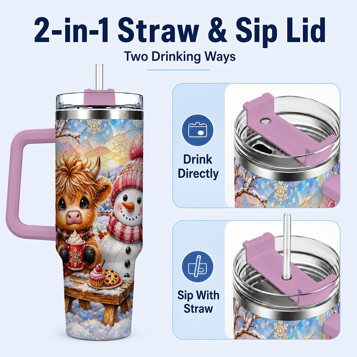 #pl[40oz|Pink] Cow Snowman 40oz Tumbler with Handle, Pink Winter Stainless Steel Cup