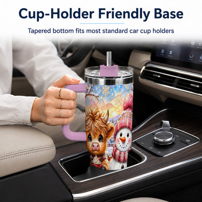 #pl[40oz|Pink] Cow Snowman 40oz Tumbler with Handle, Pink Winter Stainless Steel Cup