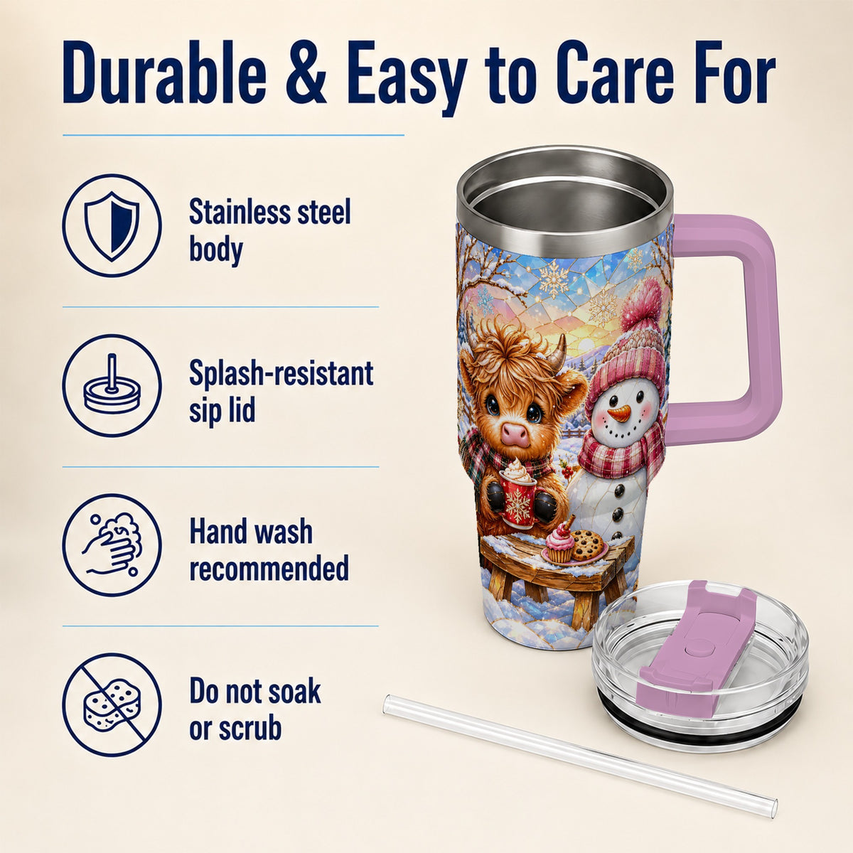 #pl[40oz|Pink] Cow Snowman 40oz Tumbler with Handle, Pink Winter Stainless Steel Cup