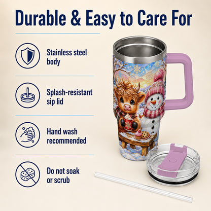 #pl[40oz|Pink] Cow Snowman 40oz Tumbler with Handle, Pink Winter Stainless Steel Cup