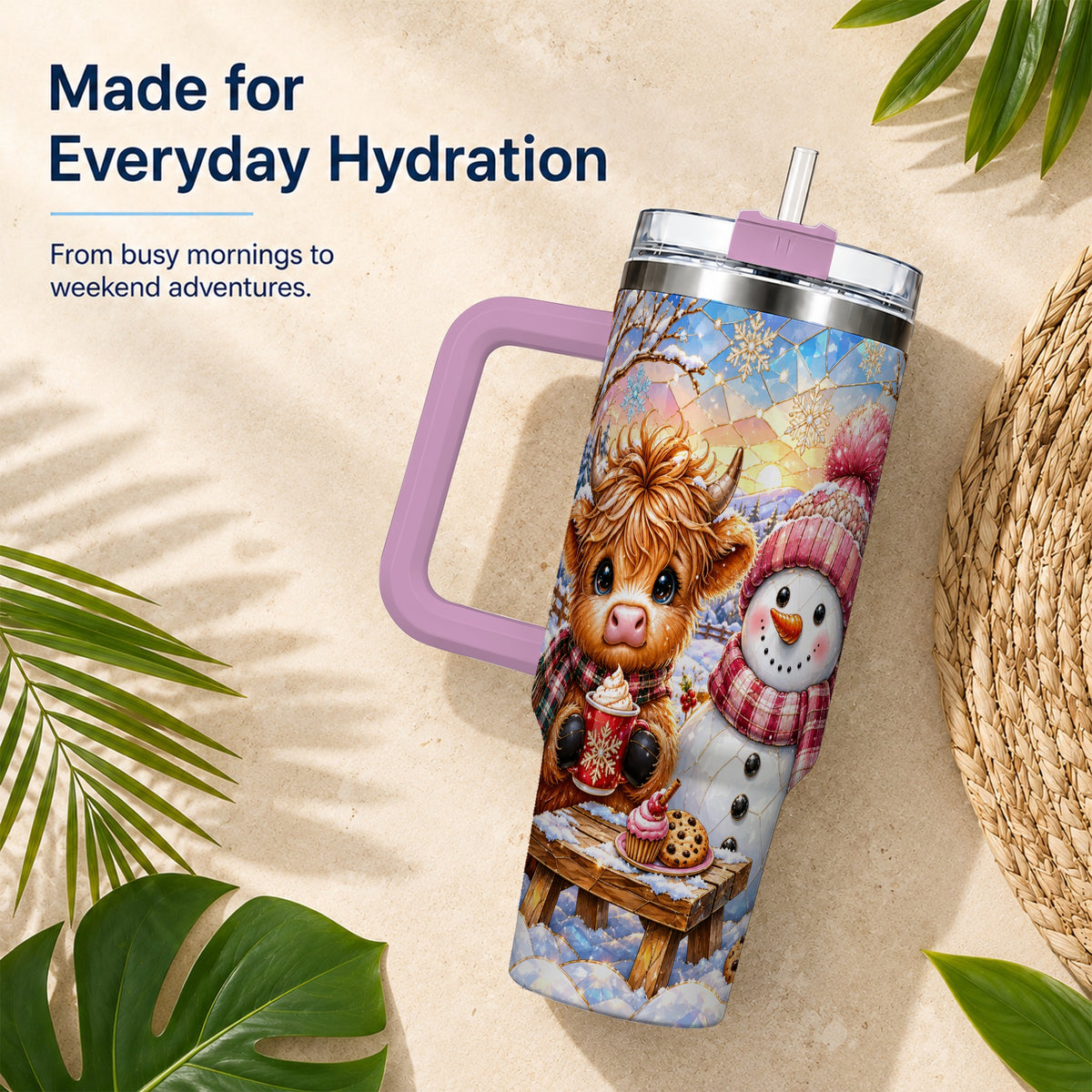 #pl[40oz|Pink] Cow Snowman 40oz Tumbler with Handle, Pink Winter Stainless Steel Cup