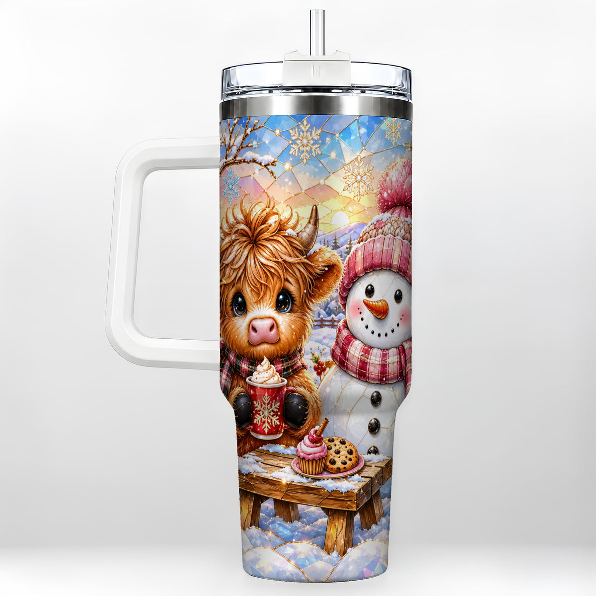 Cow Snowman 40oz Tumbler with Handle, Pink Winter Stainless Steel Cup