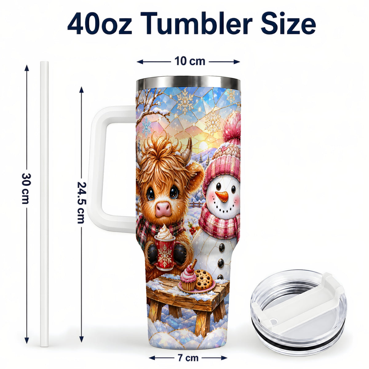 #pl[40oz|White] Cow Snowman 40oz Tumbler with Handle, Pink Winter Stainless Steel Cup