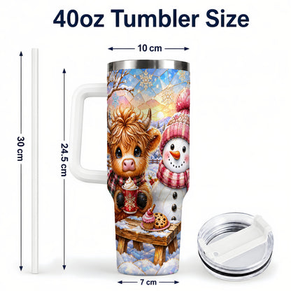 #pl[40oz|White] Cow Snowman 40oz Tumbler with Handle, Pink Winter Stainless Steel Cup