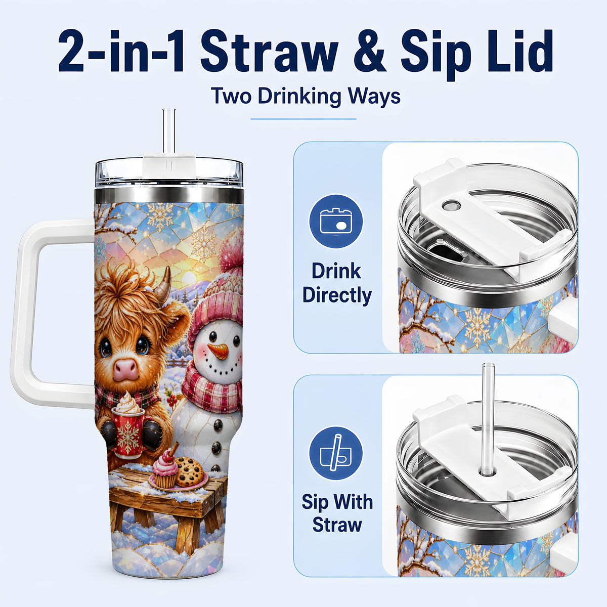 #pl[40oz|White] Cow Snowman 40oz Tumbler with Handle, Pink Winter Stainless Steel Cup