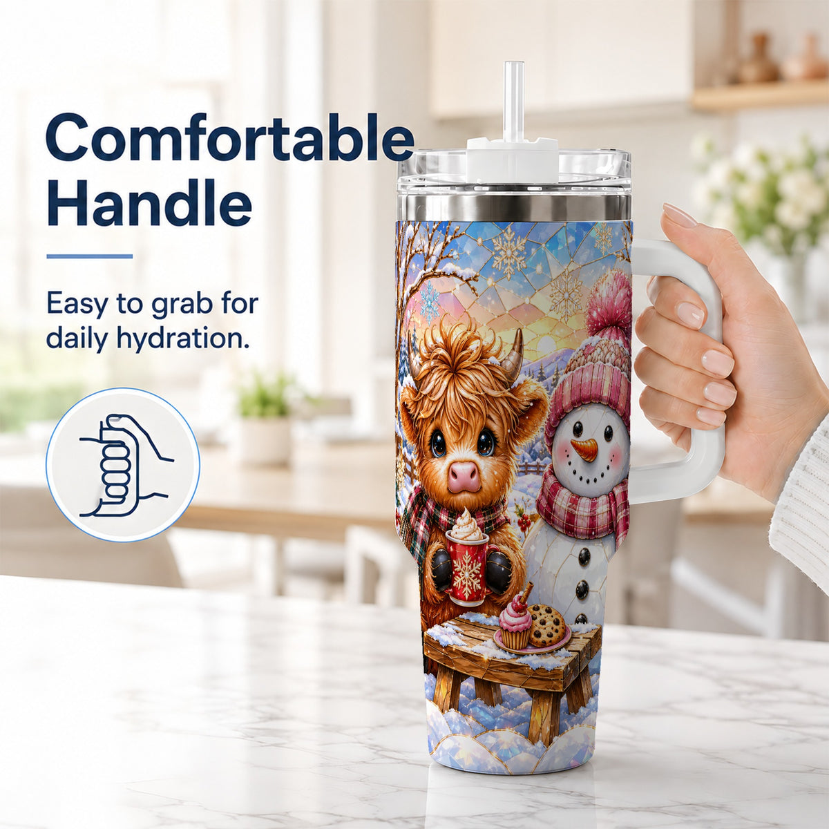 #pl[40oz|White] Cow Snowman 40oz Tumbler with Handle, Pink Winter Stainless Steel Cup