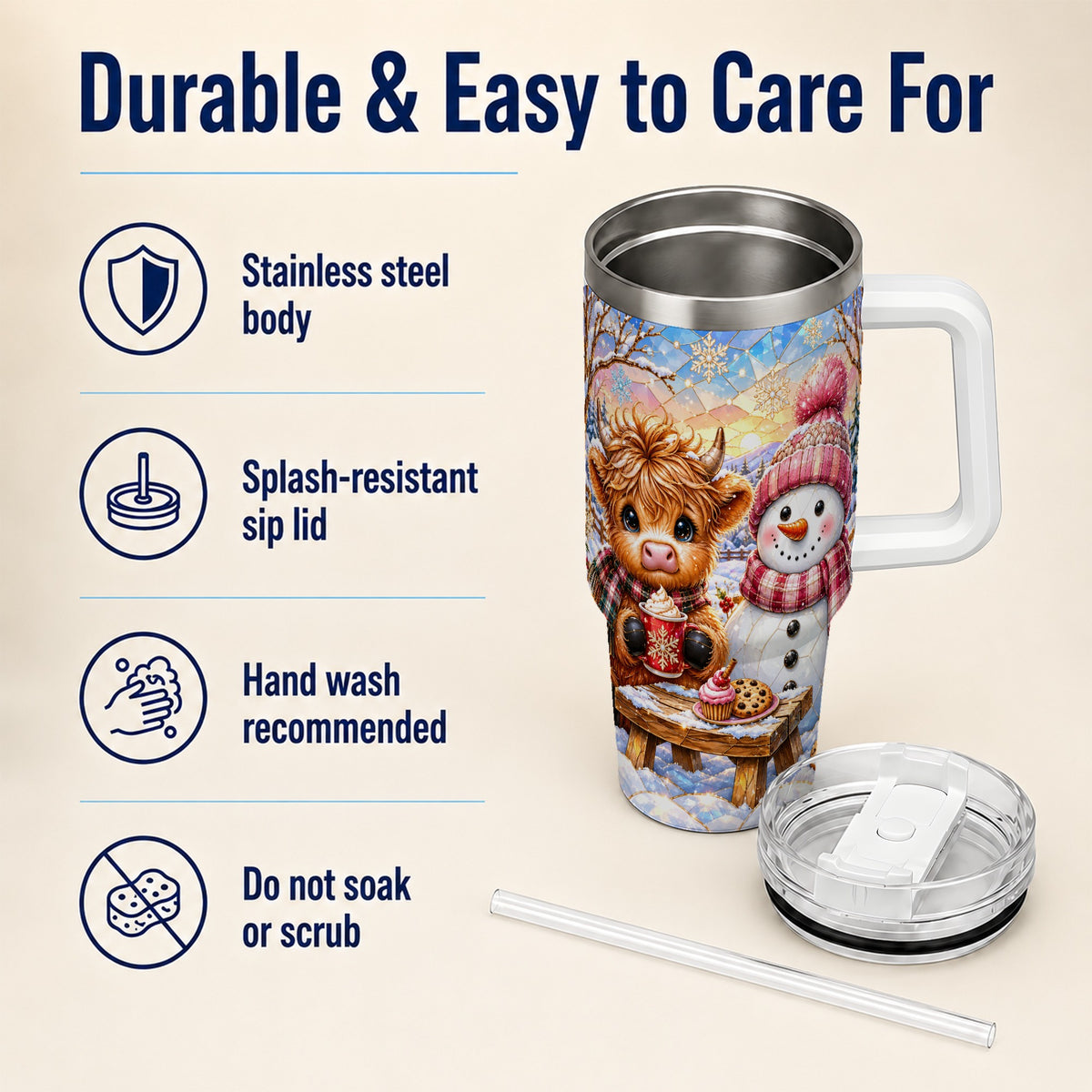 #pl[40oz|White] Cow Snowman 40oz Tumbler with Handle, Pink Winter Stainless Steel Cup