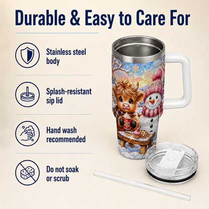 #pl[40oz|White] Cow Snowman 40oz Tumbler with Handle, Pink Winter Stainless Steel Cup