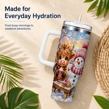 #pl[40oz|White] Cow Snowman 40oz Tumbler with Handle, Pink Winter Stainless Steel Cup