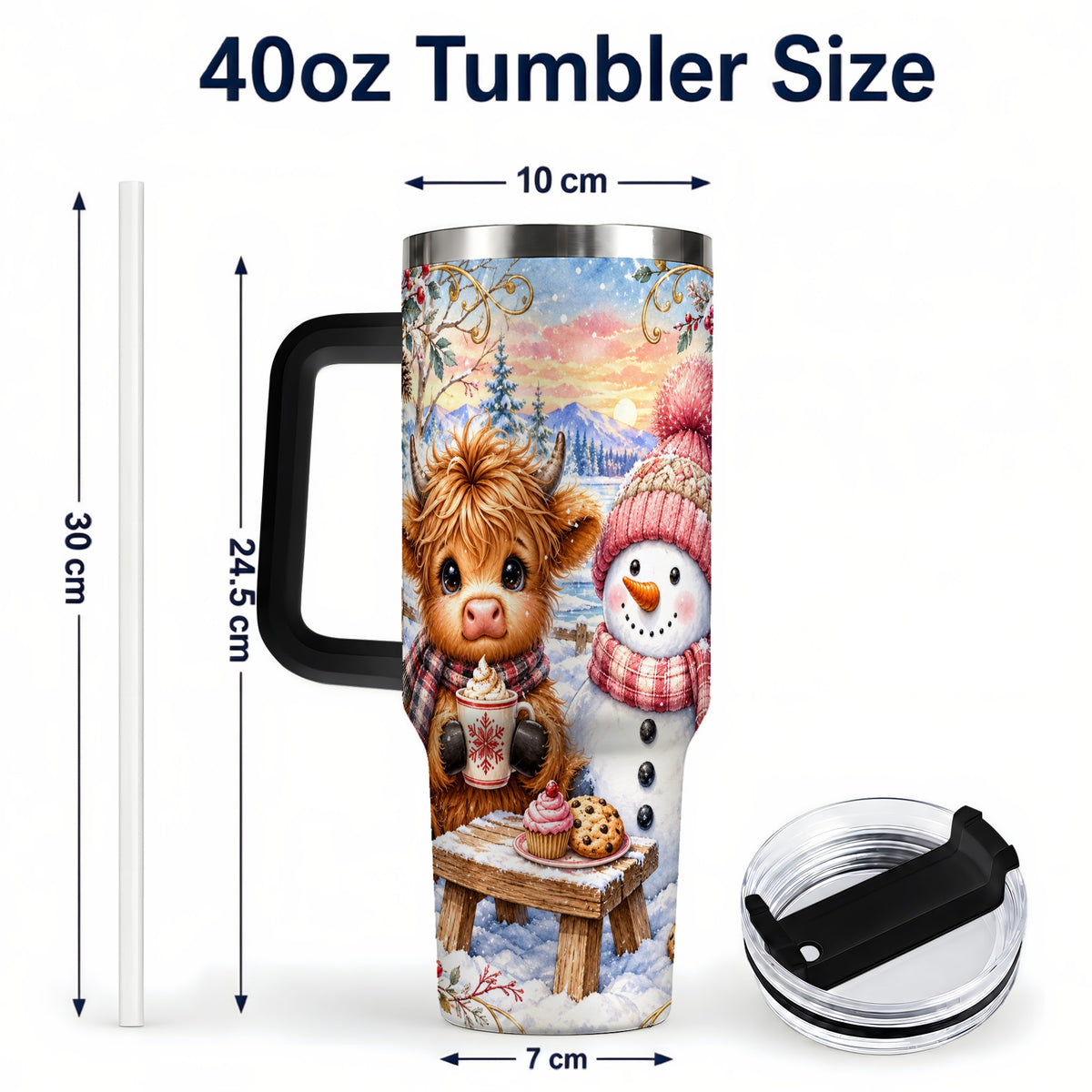 #pl[40oz|Black] Cow Snowman 40oz Tumbler with Handle, Watercolor Stainless Steel Cup