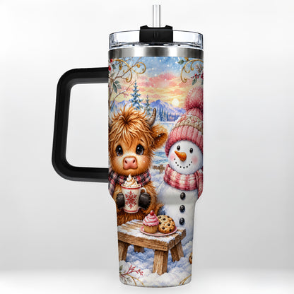 #pl[40oz|Black] Cow Snowman 40oz Tumbler with Handle, Watercolor Stainless Steel Cup