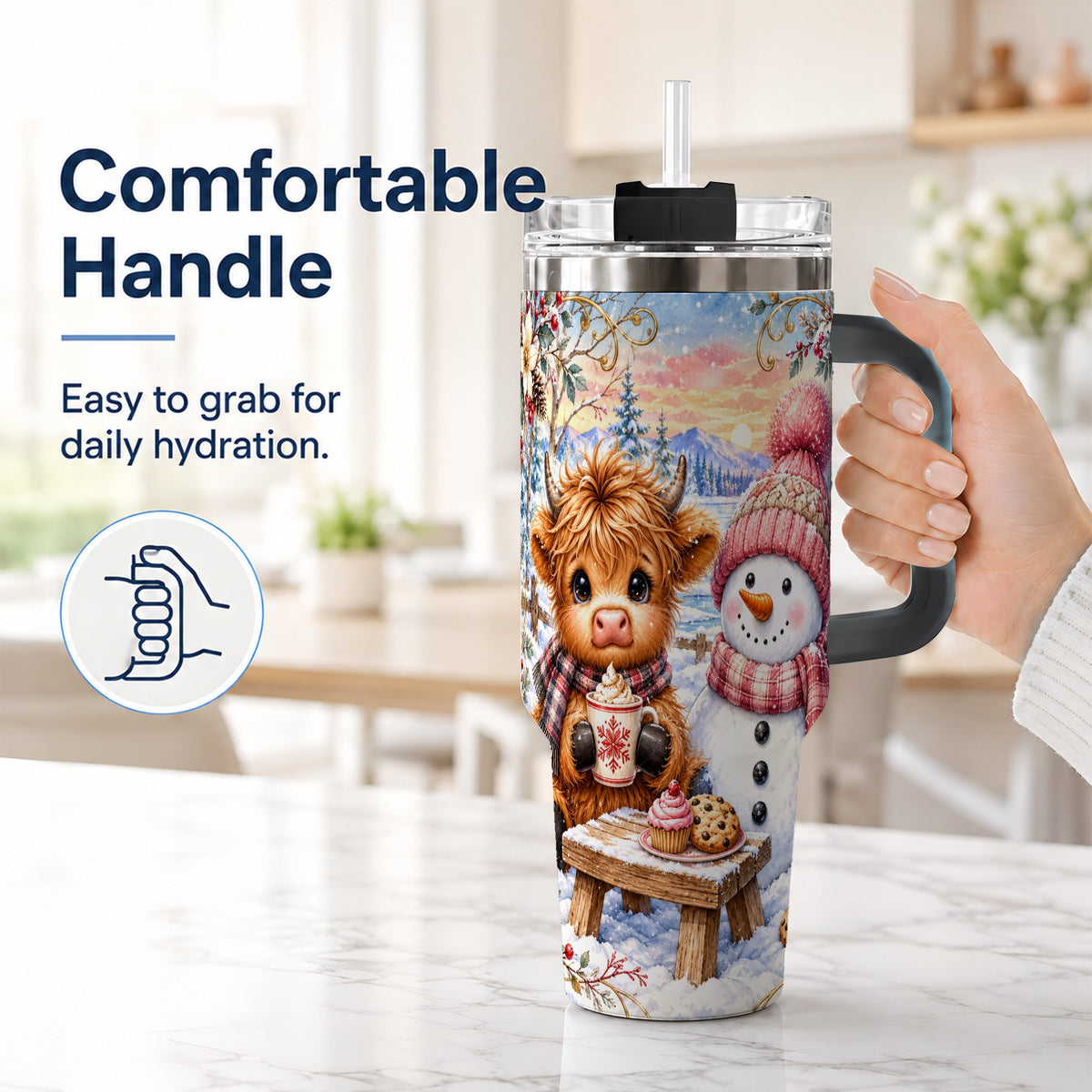 #pl[40oz|Black] Cow Snowman 40oz Tumbler with Handle, Watercolor Stainless Steel Cup
