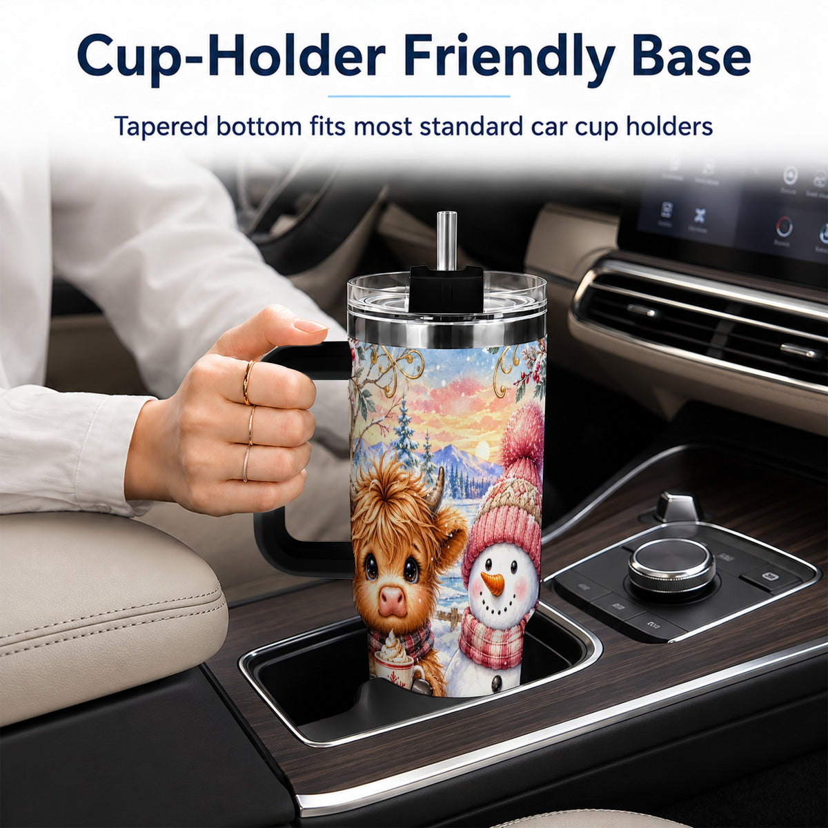 #pl[40oz|Black] Cow Snowman 40oz Tumbler with Handle, Watercolor Stainless Steel Cup