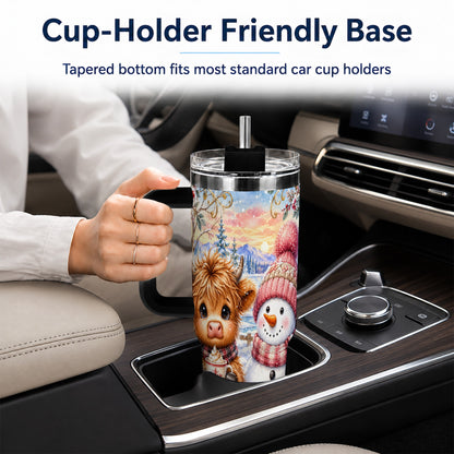 #pl[40oz|Black] Cow Snowman 40oz Tumbler with Handle, Watercolor Stainless Steel Cup