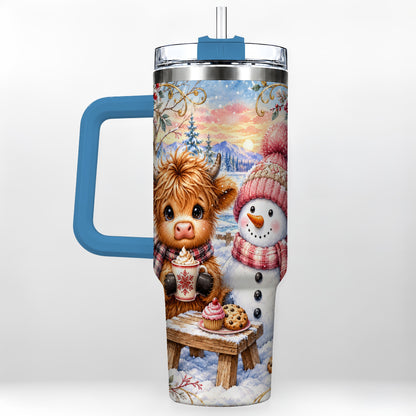 #pl[40oz|Blue] Cow Snowman 40oz Tumbler with Handle, Watercolor Stainless Steel Cup