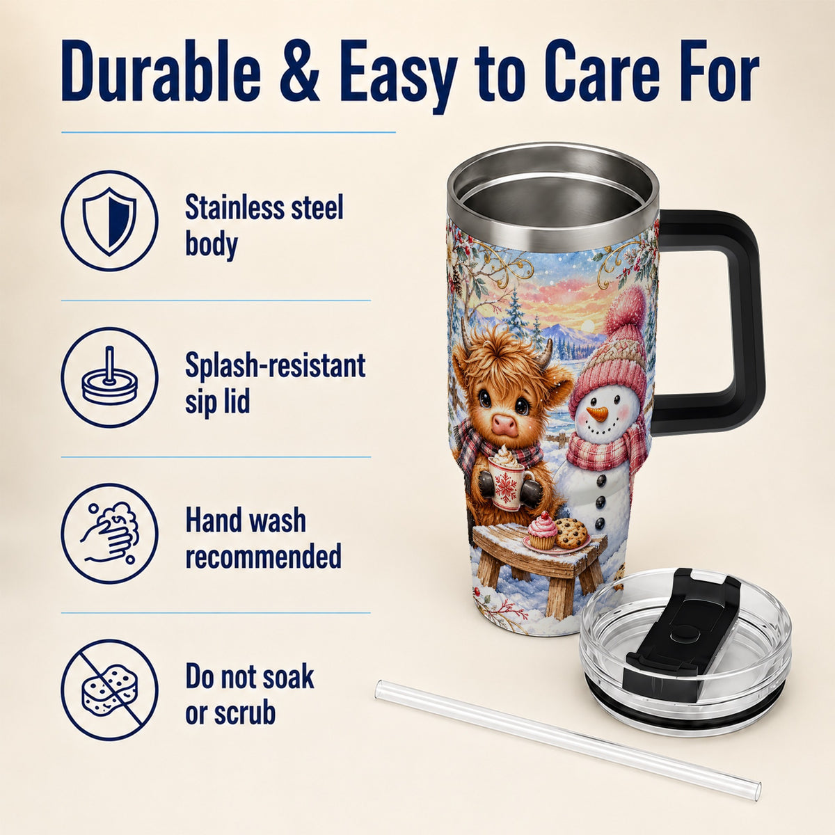 #pl[40oz|Black] Cow Snowman 40oz Tumbler with Handle, Watercolor Stainless Steel Cup
