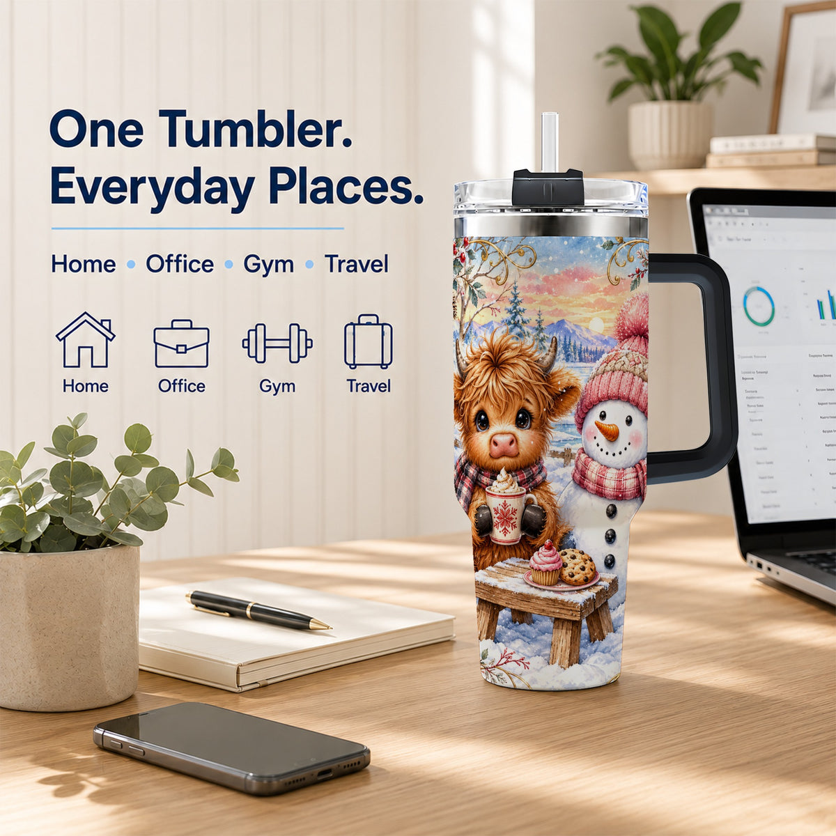 #pl[40oz|Black] Cow Snowman 40oz Tumbler with Handle, Watercolor Stainless Steel Cup