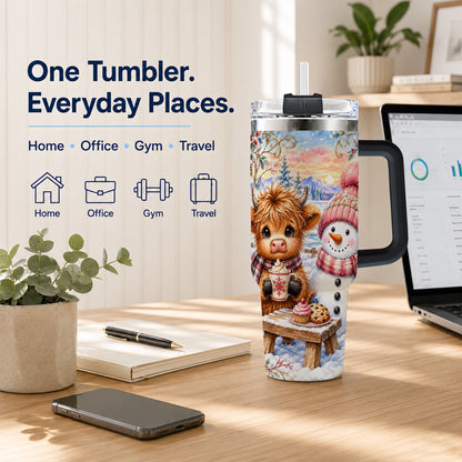 #pl[40oz|Black] Cow Snowman 40oz Tumbler with Handle, Watercolor Stainless Steel Cup