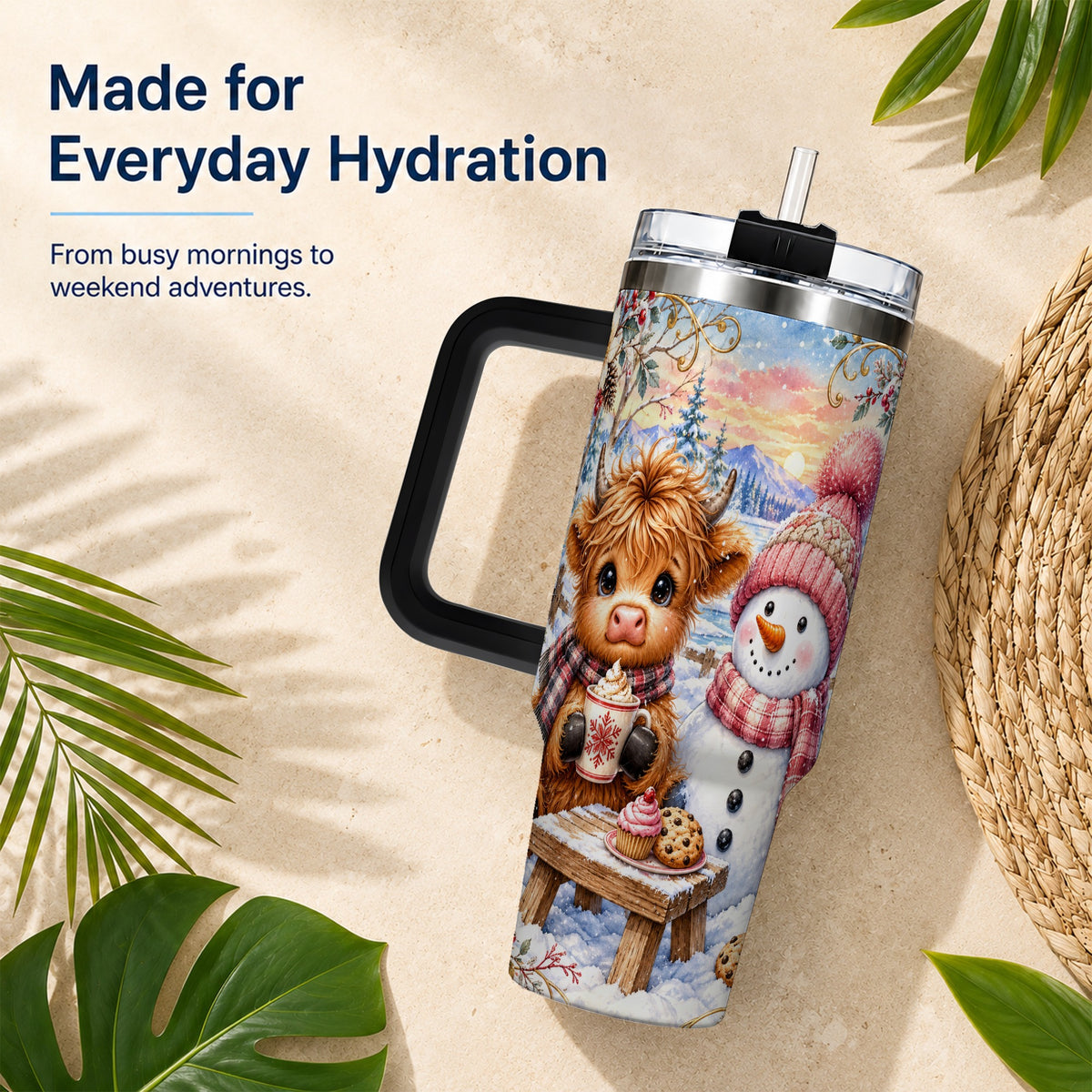 #pl[40oz|Black] Cow Snowman 40oz Tumbler with Handle, Watercolor Stainless Steel Cup