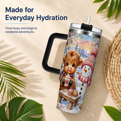 #pl[40oz|Black] Cow Snowman 40oz Tumbler with Handle, Watercolor Stainless Steel Cup