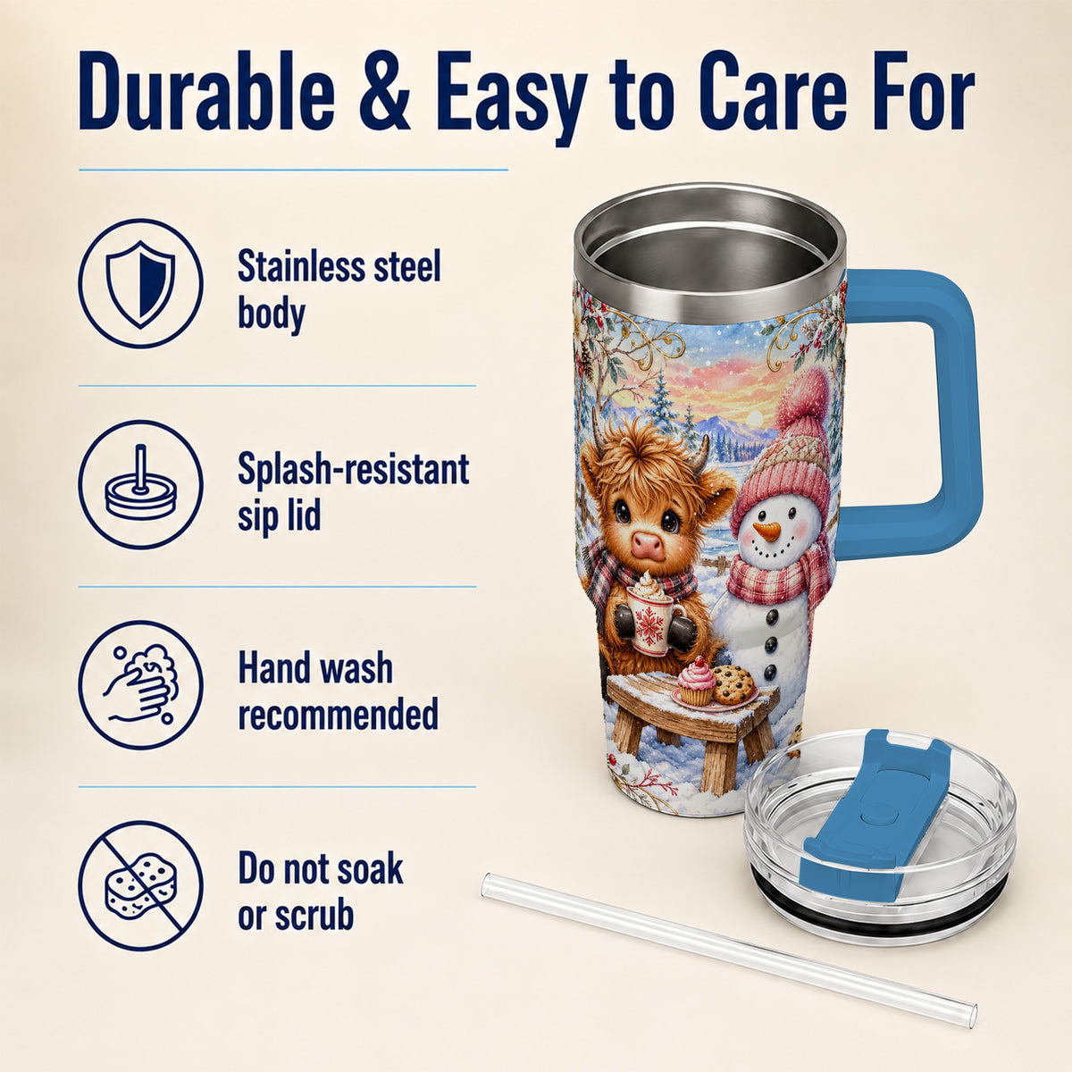 #pl[40oz|Blue] Cow Snowman 40oz Tumbler with Handle, Watercolor Stainless Steel Cup