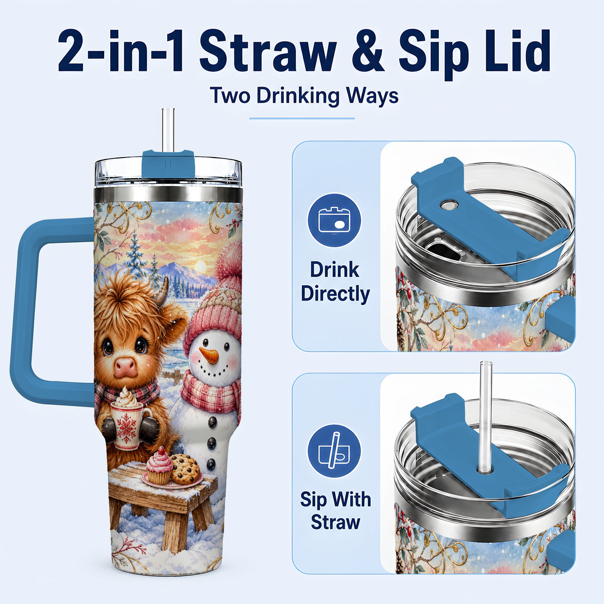 #pl[40oz|Blue] Cow Snowman 40oz Tumbler with Handle, Watercolor Stainless Steel Cup