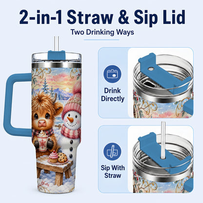 #pl[40oz|Blue] Cow Snowman 40oz Tumbler with Handle, Watercolor Stainless Steel Cup