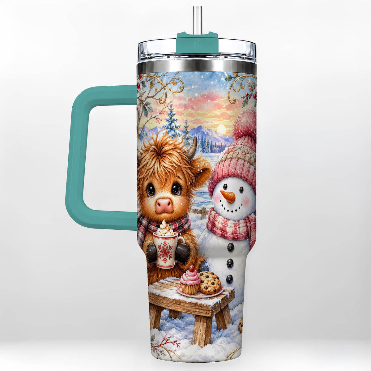 #pl[40oz|Green] Cow Snowman 40oz Tumbler with Handle, Watercolor Stainless Steel Cup