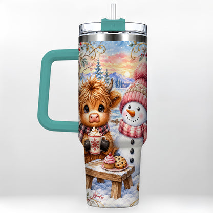 #pl[40oz|Green] Cow Snowman 40oz Tumbler with Handle, Watercolor Stainless Steel Cup