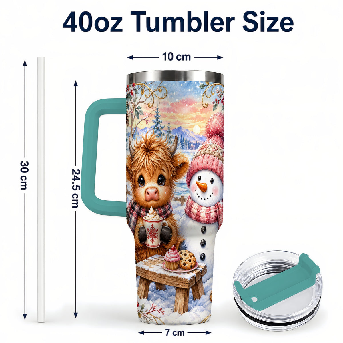 #pl[40oz|Green] Cow Snowman 40oz Tumbler with Handle, Watercolor Stainless Steel Cup