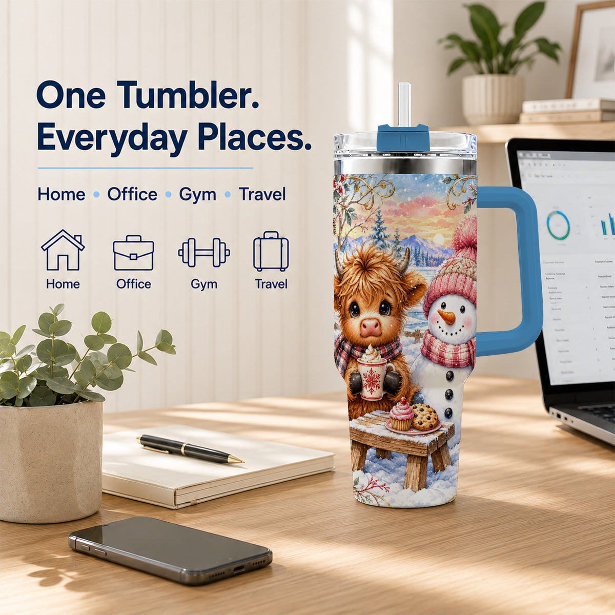 #pl[40oz|Blue] Cow Snowman 40oz Tumbler with Handle, Watercolor Stainless Steel Cup