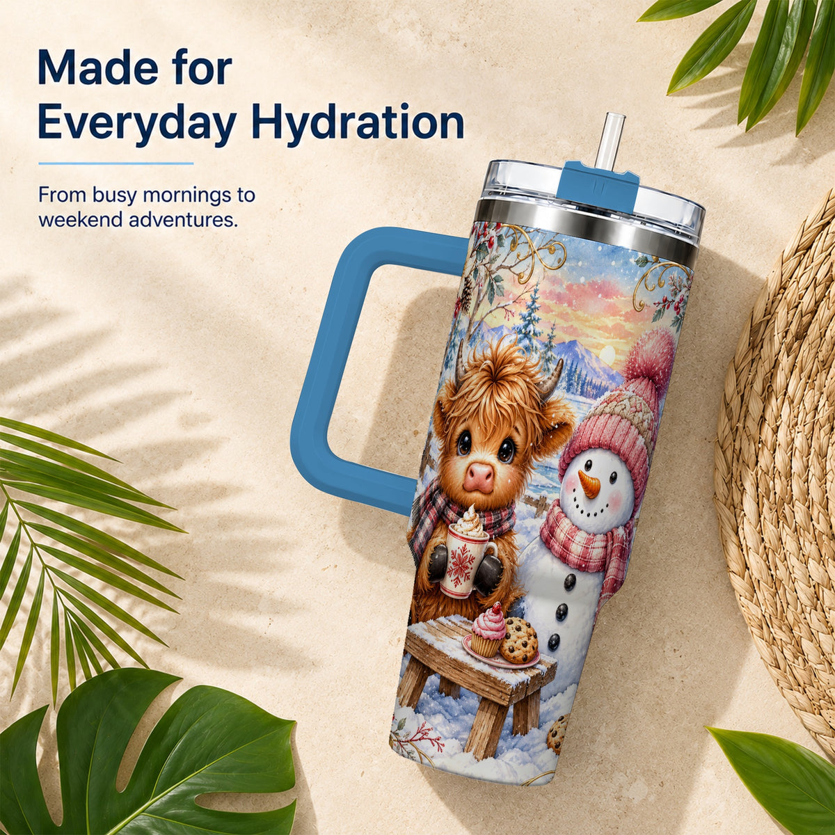 #pl[40oz|Blue] Cow Snowman 40oz Tumbler with Handle, Watercolor Stainless Steel Cup