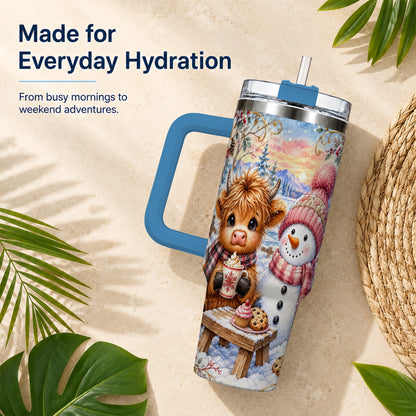 #pl[40oz|Blue] Cow Snowman 40oz Tumbler with Handle, Watercolor Stainless Steel Cup