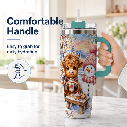 #pl[40oz|Green] Cow Snowman 40oz Tumbler with Handle, Watercolor Stainless Steel Cup