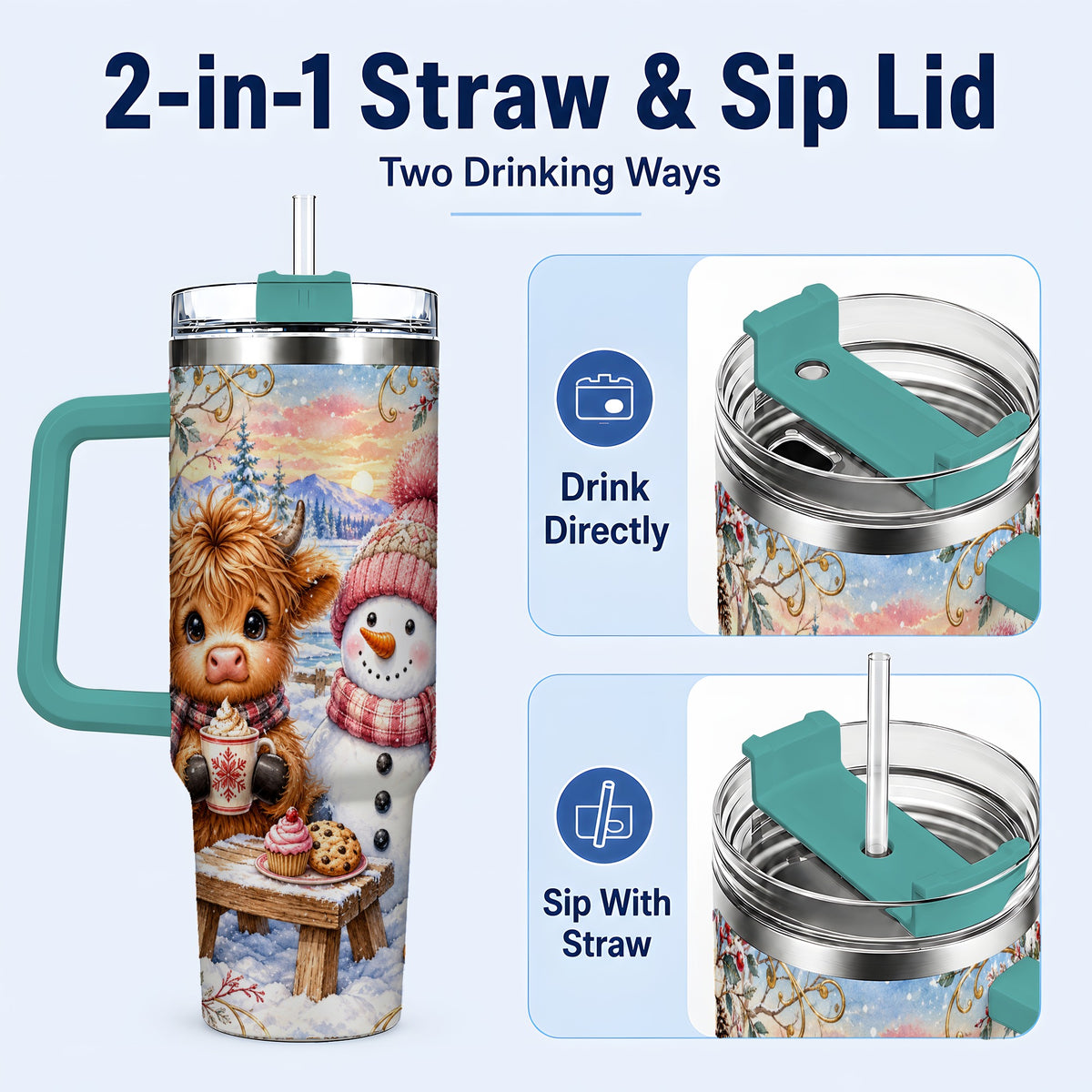 #pl[40oz|Green] Cow Snowman 40oz Tumbler with Handle, Watercolor Stainless Steel Cup