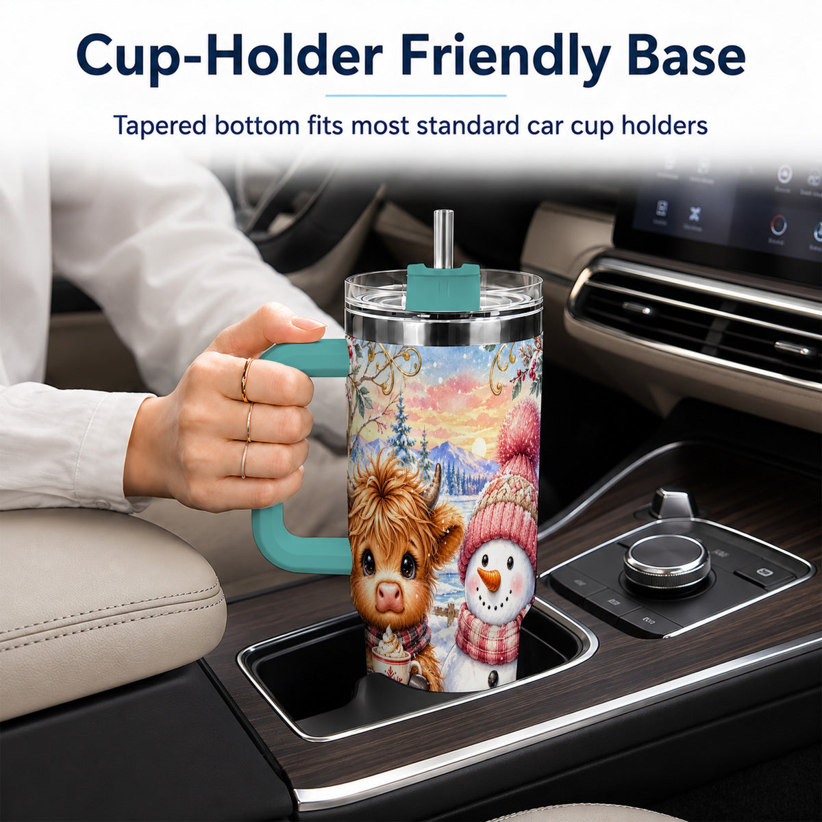 #pl[40oz|Green] Cow Snowman 40oz Tumbler with Handle, Watercolor Stainless Steel Cup