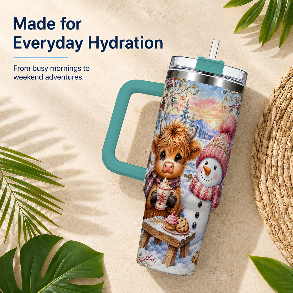 #pl[40oz|Green] Cow Snowman 40oz Tumbler with Handle, Watercolor Stainless Steel Cup