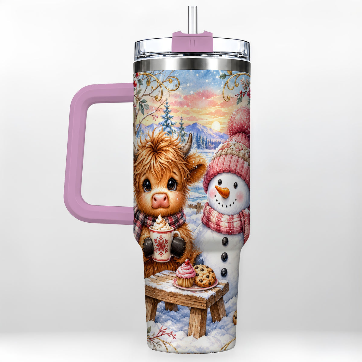#pl[40oz|Pink] Cow Snowman 40oz Tumbler with Handle, Watercolor Stainless Steel Cup