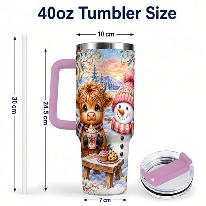 #pl[40oz|Pink] Cow Snowman 40oz Tumbler with Handle, Watercolor Stainless Steel Cup