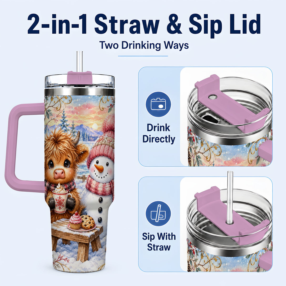 #pl[40oz|Pink] Cow Snowman 40oz Tumbler with Handle, Watercolor Stainless Steel Cup