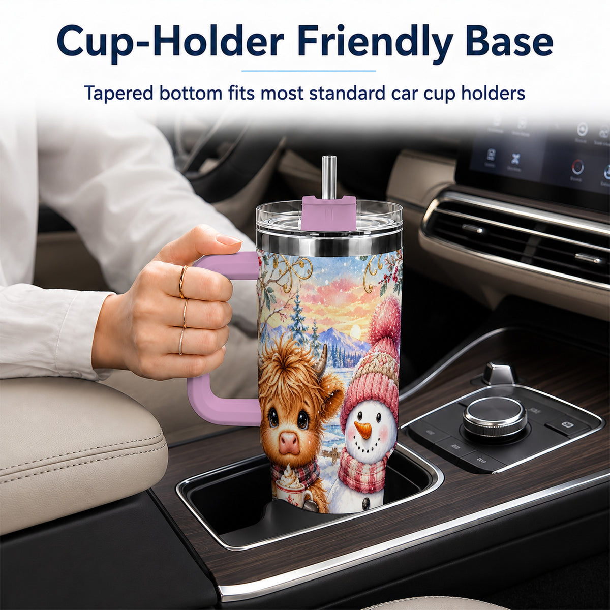 #pl[40oz|Pink] Cow Snowman 40oz Tumbler with Handle, Watercolor Stainless Steel Cup