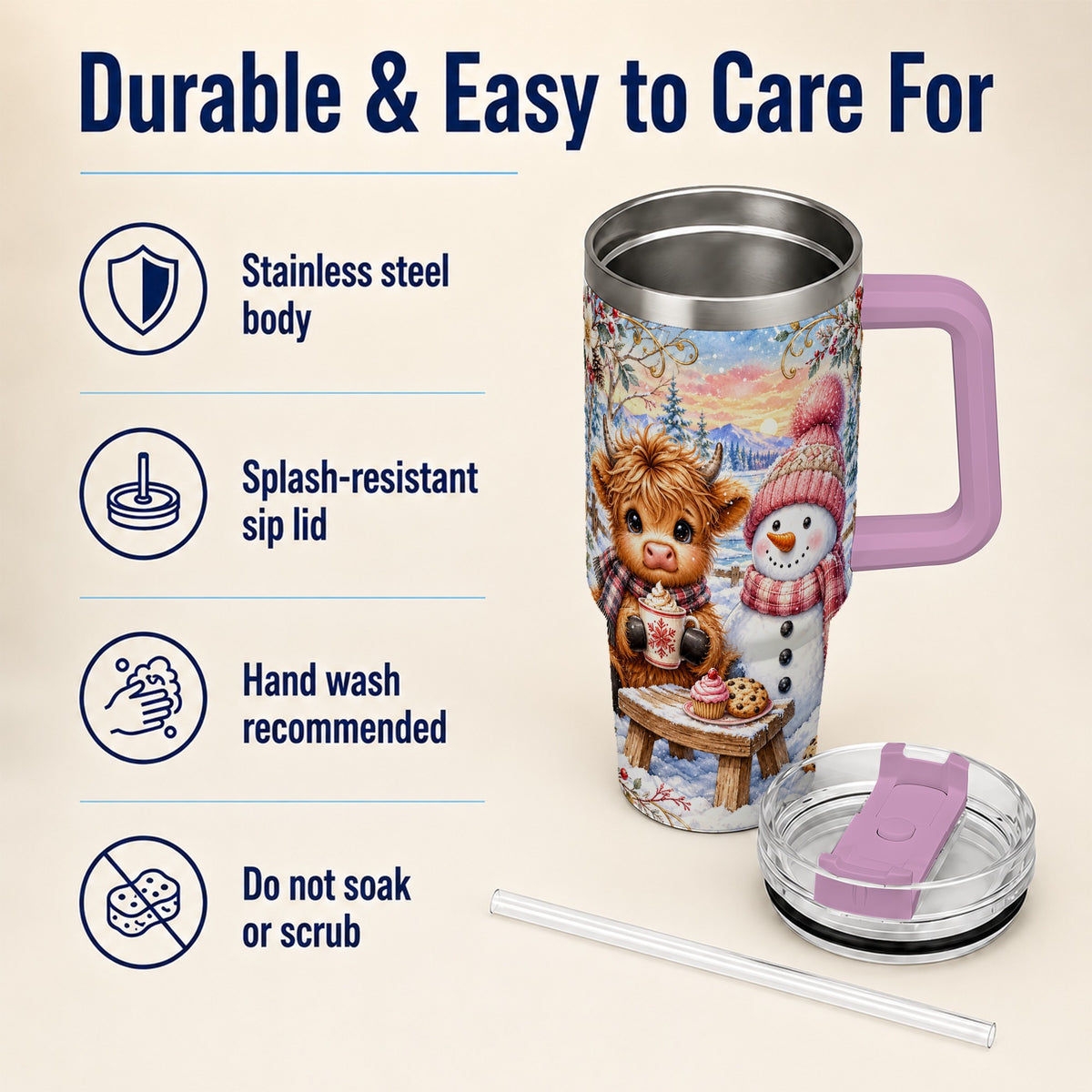 #pl[40oz|Pink] Cow Snowman 40oz Tumbler with Handle, Watercolor Stainless Steel Cup