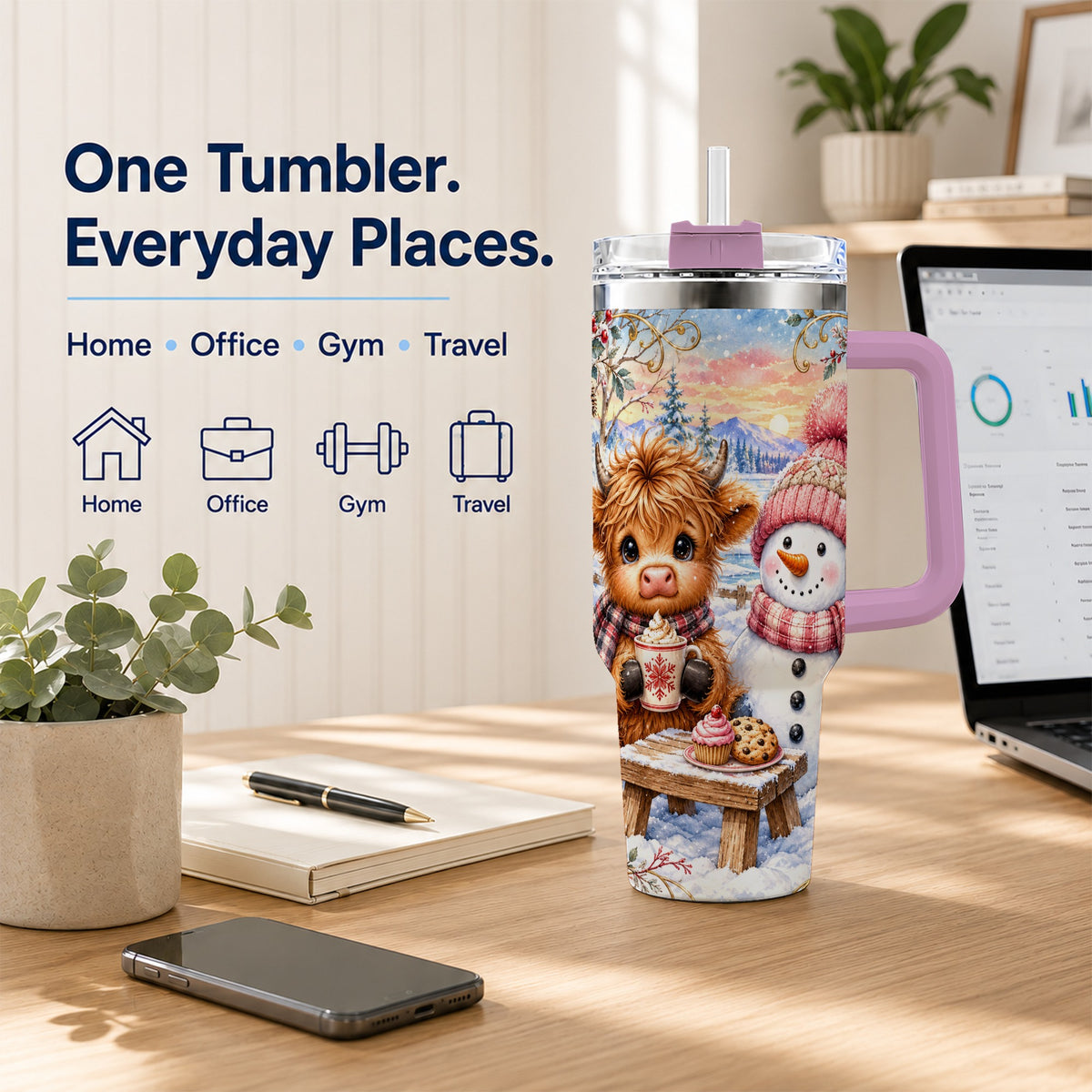 #pl[40oz|Pink] Cow Snowman 40oz Tumbler with Handle, Watercolor Stainless Steel Cup