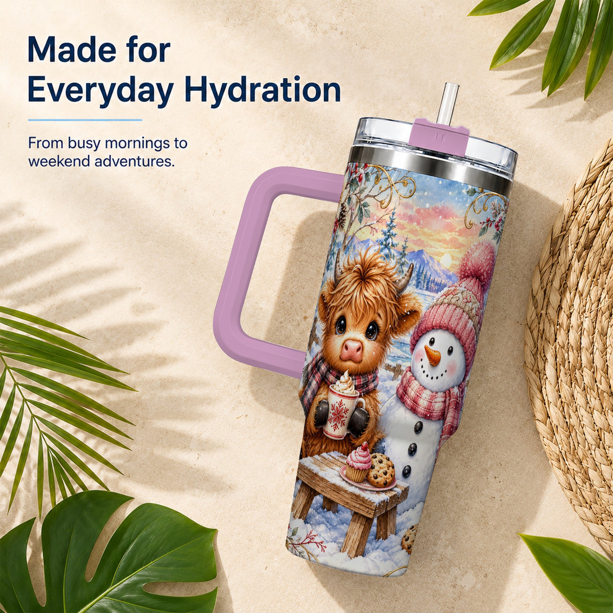 #pl[40oz|Pink] Cow Snowman 40oz Tumbler with Handle, Watercolor Stainless Steel Cup
