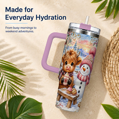 #pl[40oz|Pink] Cow Snowman 40oz Tumbler with Handle, Watercolor Stainless Steel Cup