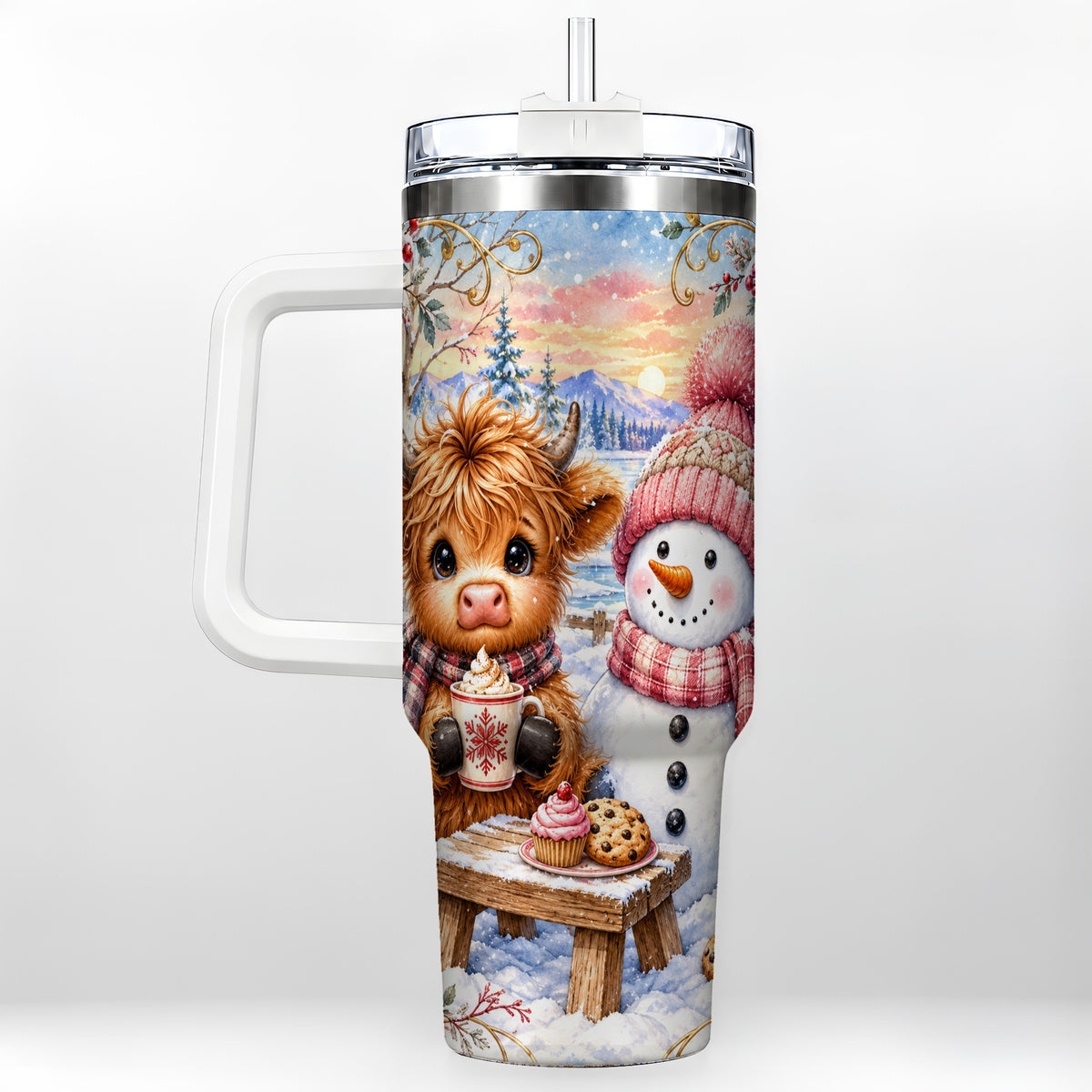 Cow Snowman 40oz Tumbler with Handle, Watercolor Stainless Steel Cup