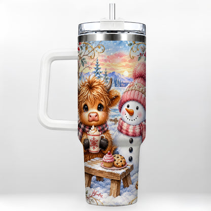 Cow Snowman 40oz Tumbler with Handle, Watercolor Stainless Steel Cup