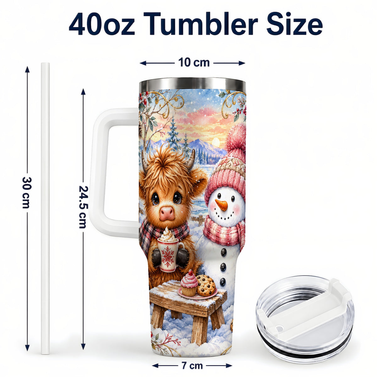 #pl[40oz|White] Cow Snowman 40oz Tumbler with Handle, Watercolor Stainless Steel Cup